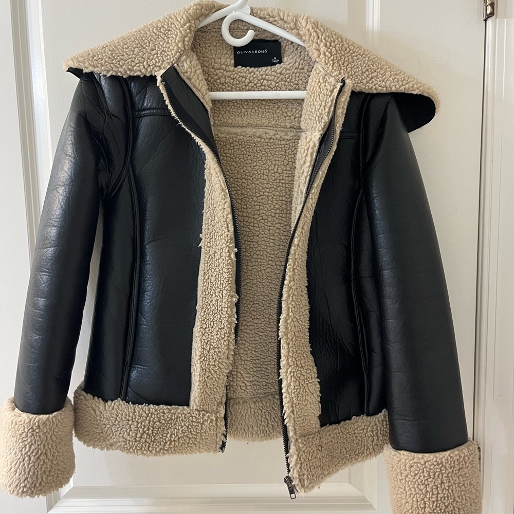 Black leather, tan shearling aviator jacket with pockets
